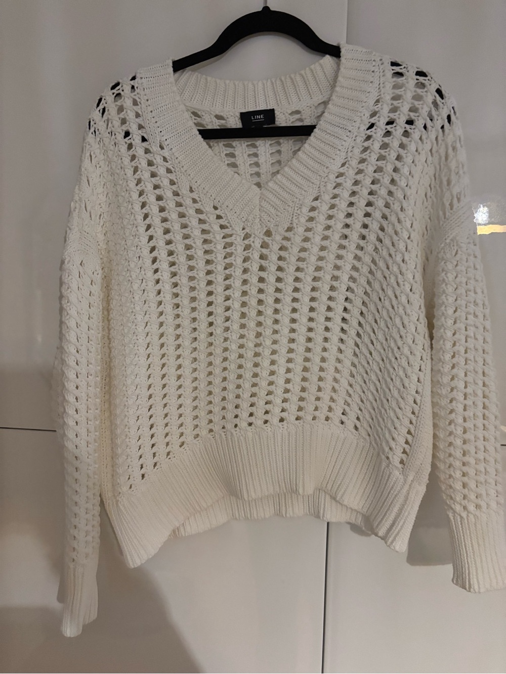 LINE Cotton Open-Knit V-Neck Sweater in Cream
